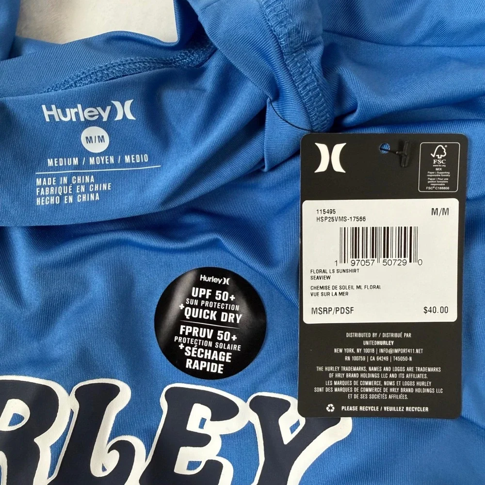 Hurley Mens Floral‎ LS Sunshirt Seaview Blue UPF 50+ Rash Guard Medium New